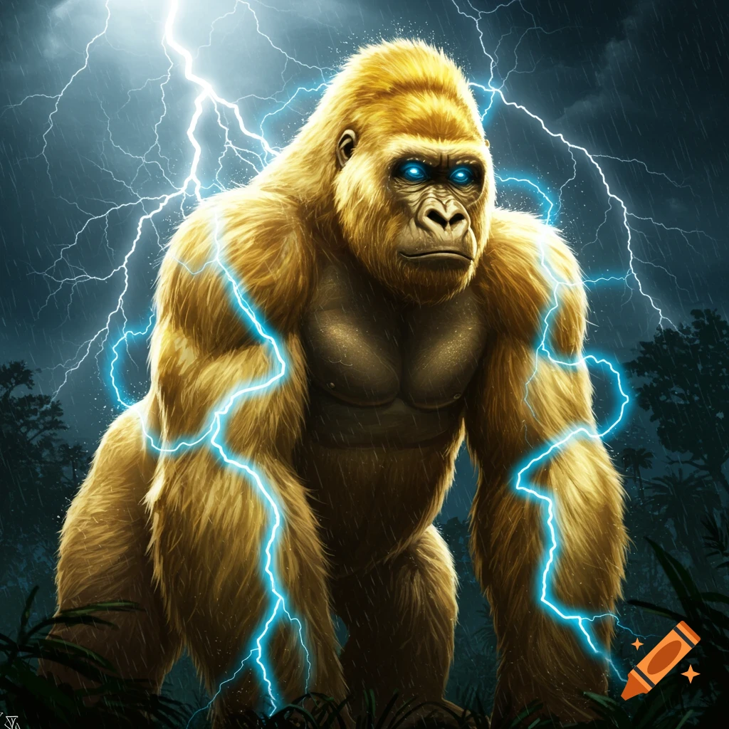 A powerful golden-furred gorilla with glowing blue eyes, surrounded by bright blue lightning bolts in a dark, stormy jungle.