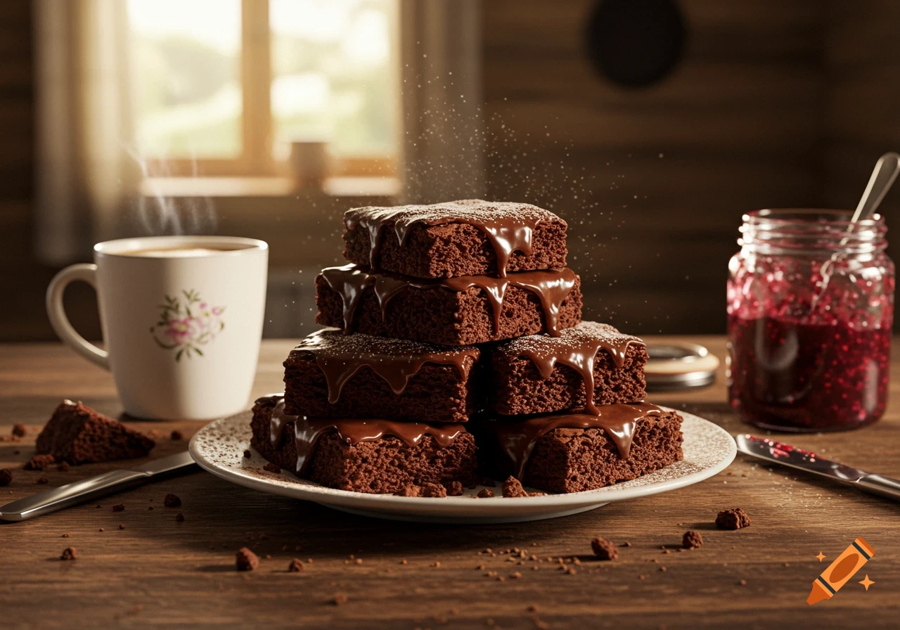 Photorealistic image of a stack of chocolate brownies drizzled with chocolate on a plate, with a coffee mug and jam jar on a wooden table.