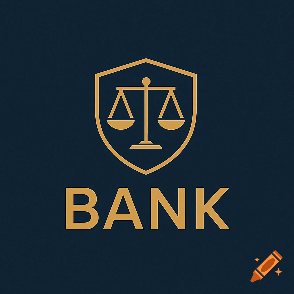 A gold shield with scales of justice and the word BANK on a dark blue background.