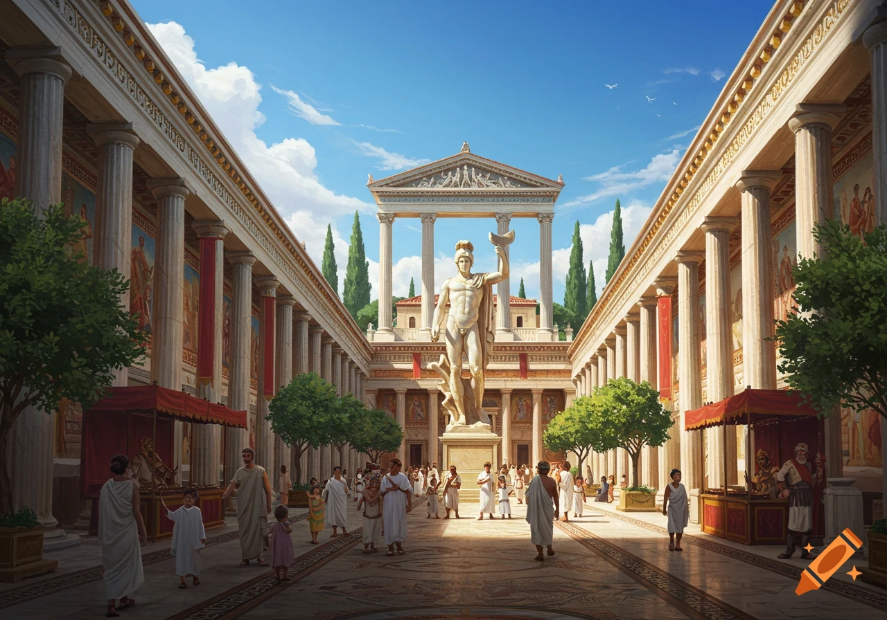 A grand ancient Roman forum with a large statue of a deity, surrounded by colonnaded buildings, trees, and people in classical attire.