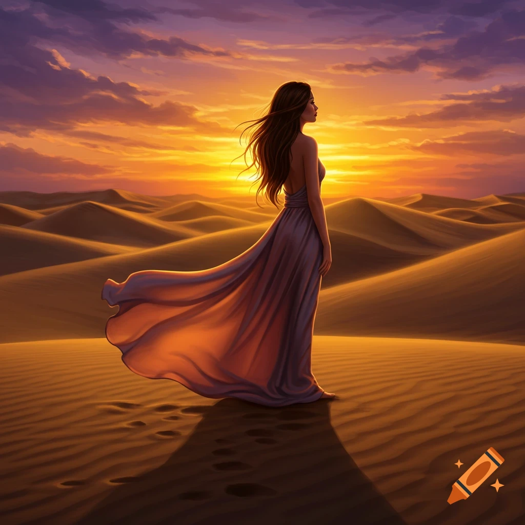 A painted scene of a woman in a flowing dress standing on sand dunes during a vibrant sunset.