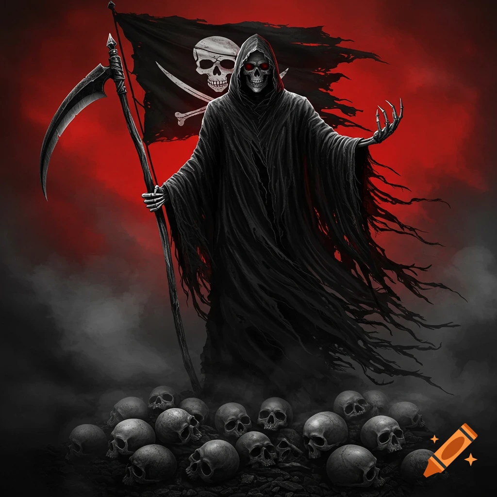 A gothic Grim Reaper with red eyes holds a scythe, standing on skulls before a tattered pirate flag on a red background.