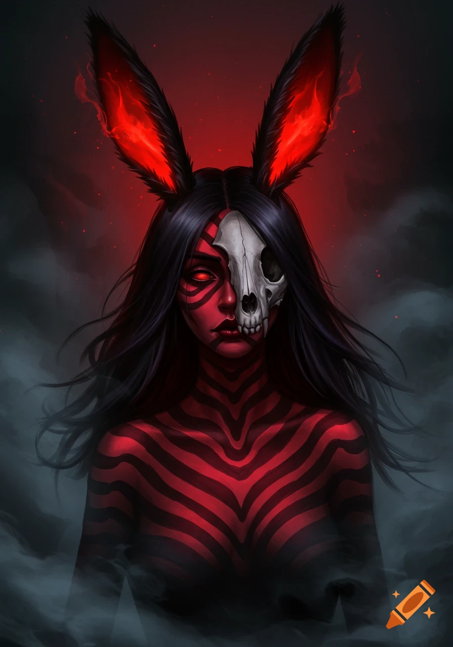 A dark fantasy portrait of a woman with red striped skin, a white canine skull covering half her face, glowing red eyes, and fiery red rabbit ears.