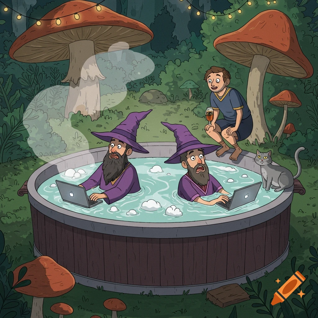 Two cartoon wizards with laptops in a hot tub in a forest, observed by a man and a cat.
