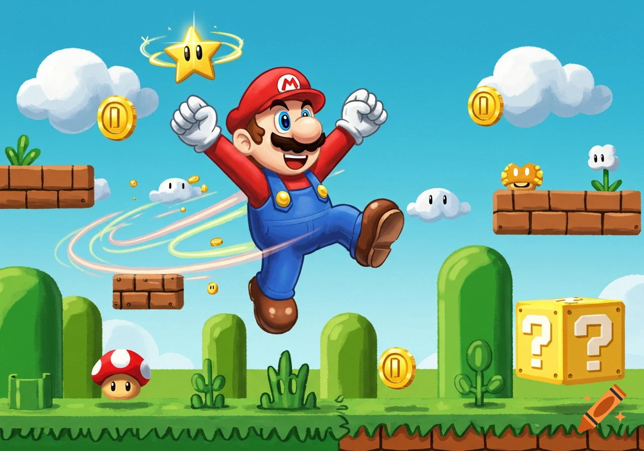 Cartoon illustration of Mario jumping in a vibrant Super Mario Bros. level with coins, blocks, a star, and a mushroom.