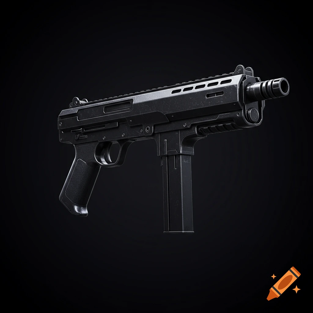 A sleek, black submachine gun with a textured grip and large magazine, set against a dark background.