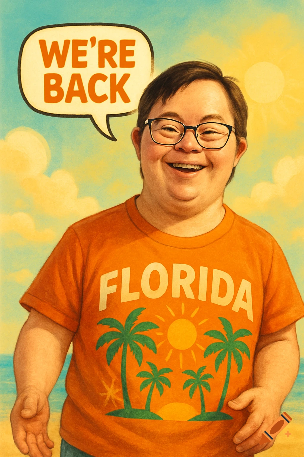 Illustration of a smiling person with Down syndrome in a 'FLORIDA' shirt, with a 'WE'RE BACK' speech bubble, on a beach.
