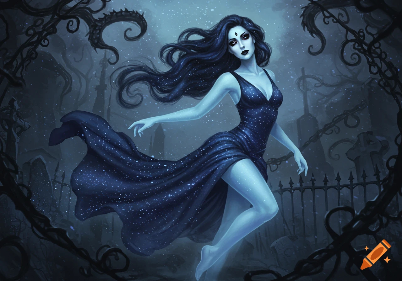 A pale-skinned goth ghost lady with dark hair and makeup, in a sparkly dark blue dress, floats in a spooky, dark cemetery setting.