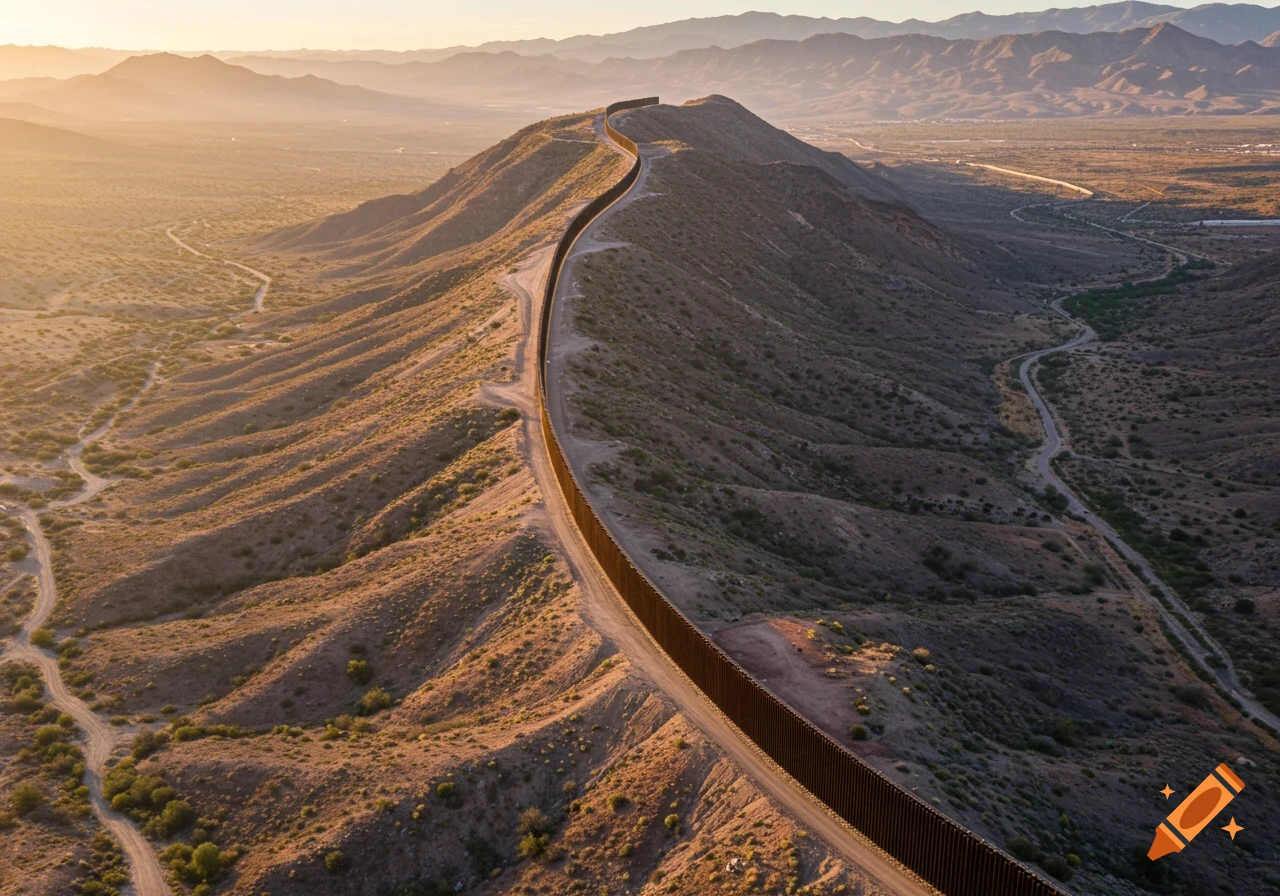Aerial view of a long border wall winding over desert hills and mountains under a golden sunset sky.