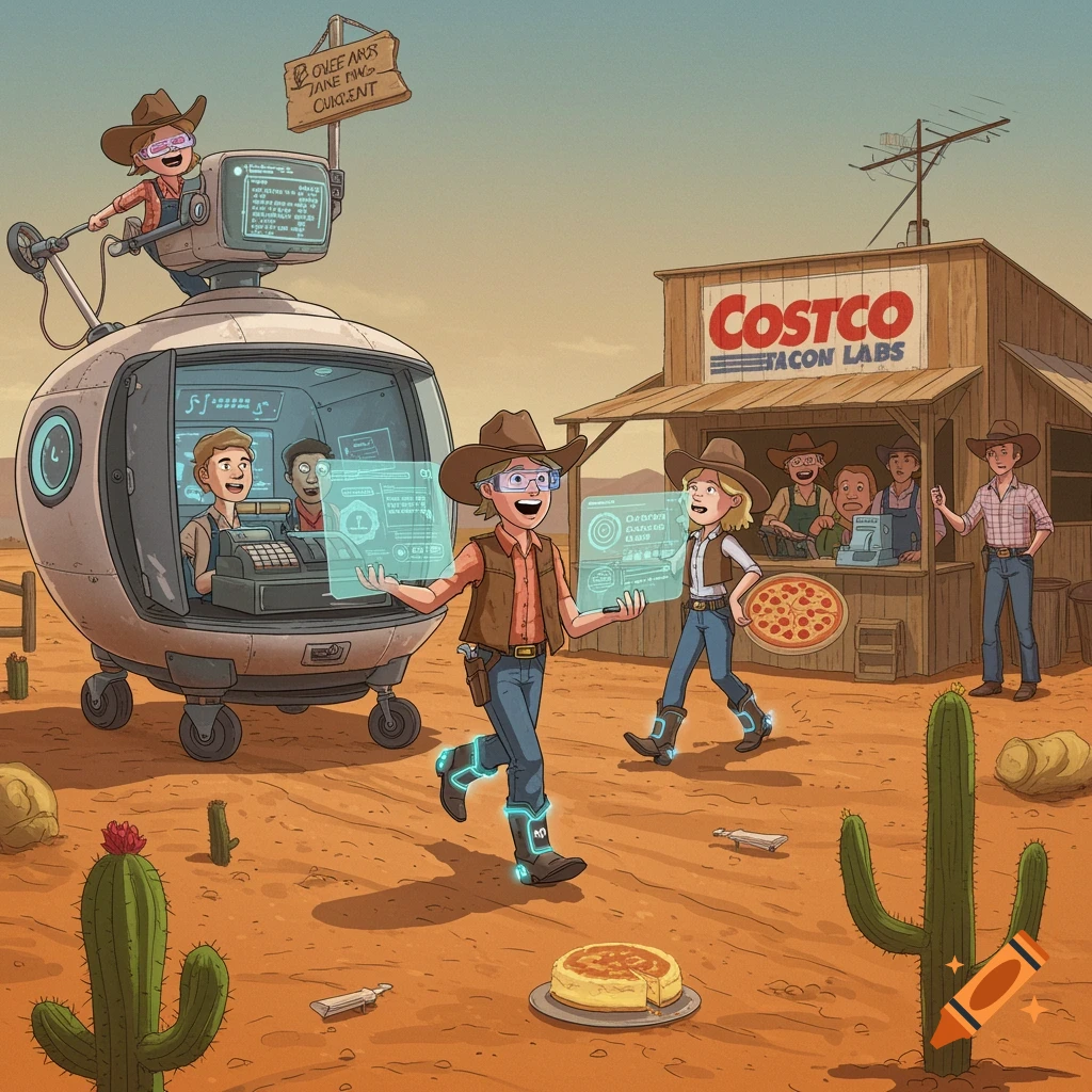 Cartoon image of futuristic tech-savvy kids in a Wild West desert, one floating in a time machine, others interacting with holograms and a Costco store with a pizza stand.