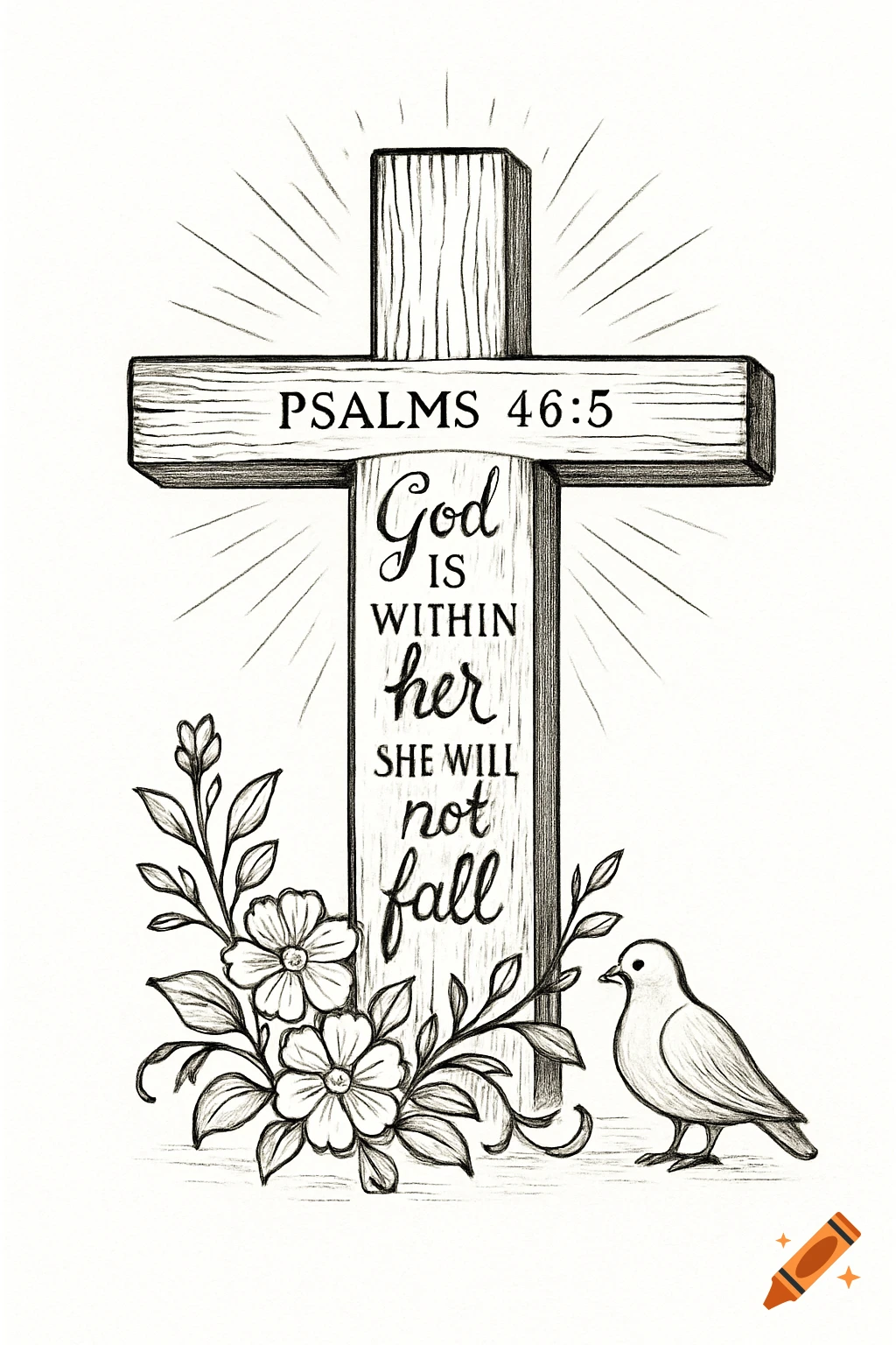 Black and white sketch of a wooden cross with 'PSALMS 46:5' and 'God is within her she will not fall' text, adorned with flowers and a dove.