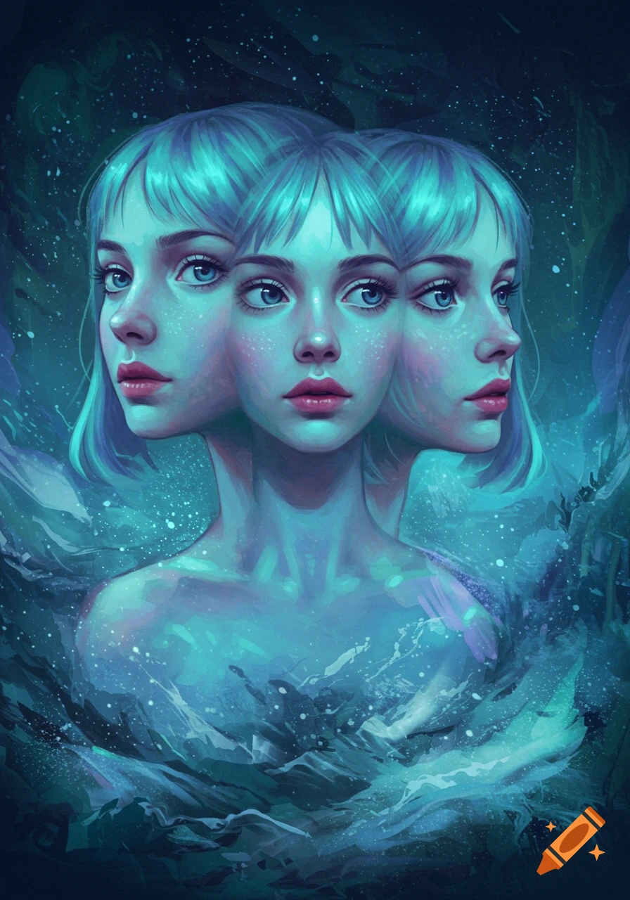An abstract digital painting of a girl with three faces, all looking in different directions, rendered in cool blue and green tones with a watery, starry background.