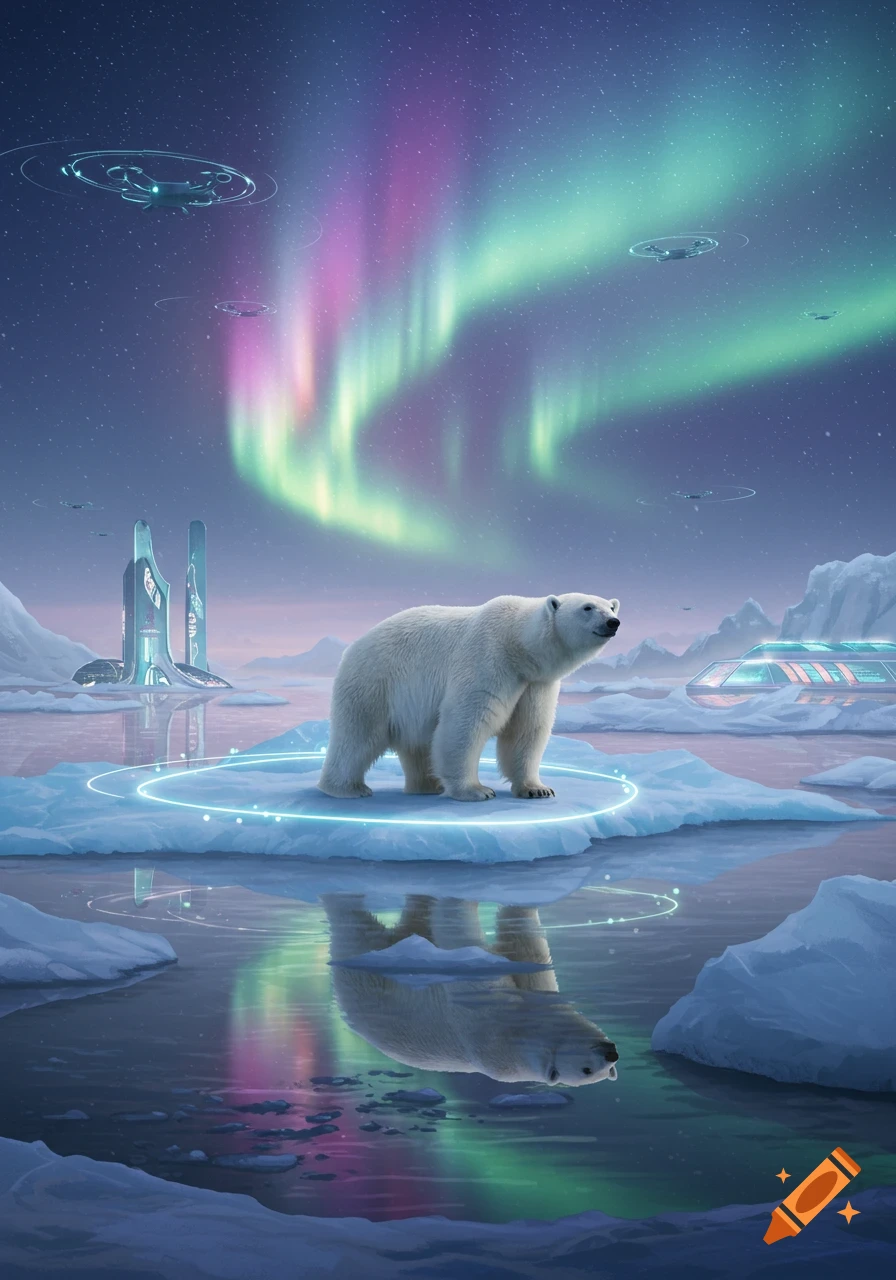 A polar bear stands on an ice floe with a glowing blue ring in a futuristic arctic landscape under colorful aurora borealis and flying UFOs.