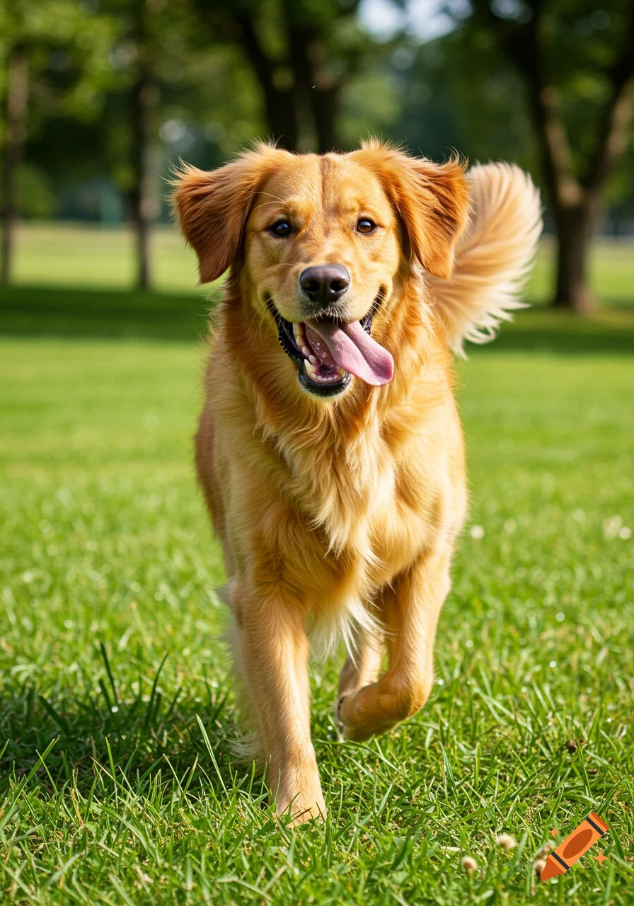 A happy golden retriever with its tongue out runs through a lush green field on a sunny day, photorealistic.