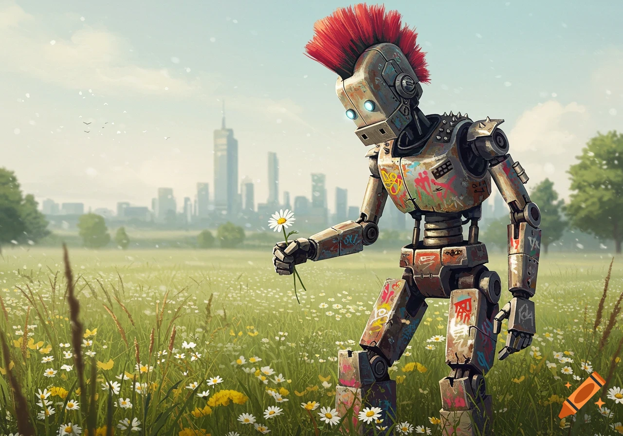A rustic, punk-style robot with a red mohawk stands in a field of daisies, holding one flower, with a blurred city skyline in the background.