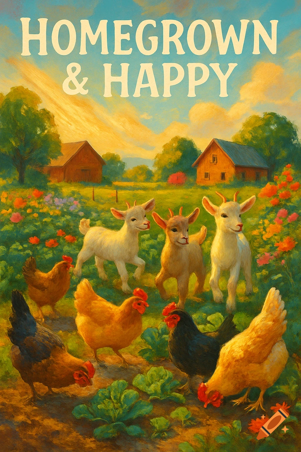 A vibrant, painterly farm scene with baby goats and chickens in a garden with barns, under text 'HOMEGROWN & HAPPY'.
