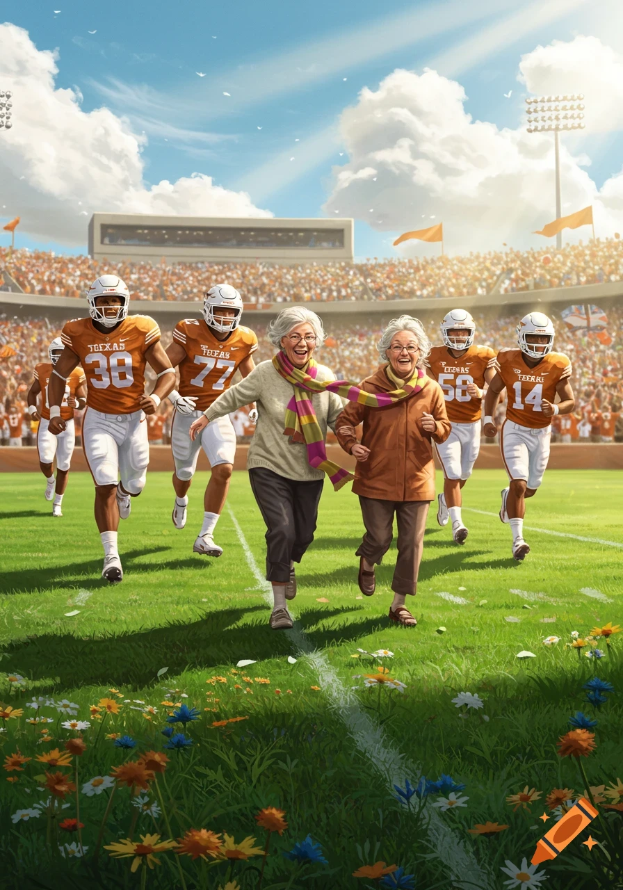 Two smiling elderly women run across a football field hand-in-hand, surrounded by several football players in uniform. A crowded stadium is in the background under a sunny sky, with wildflowers in the foreground.