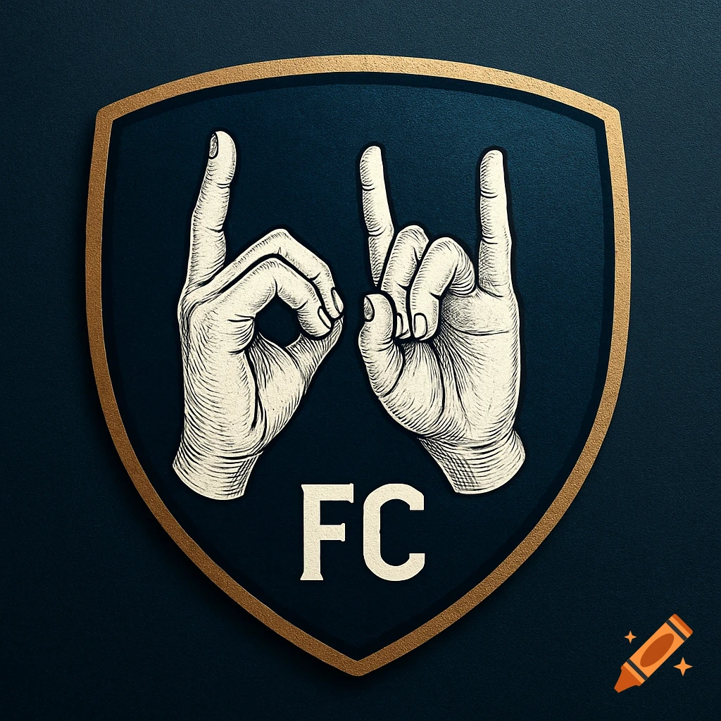 A dark blue shield logo with a gold border featuring two stylized white hands making gestures and the letters 'FC' below them.