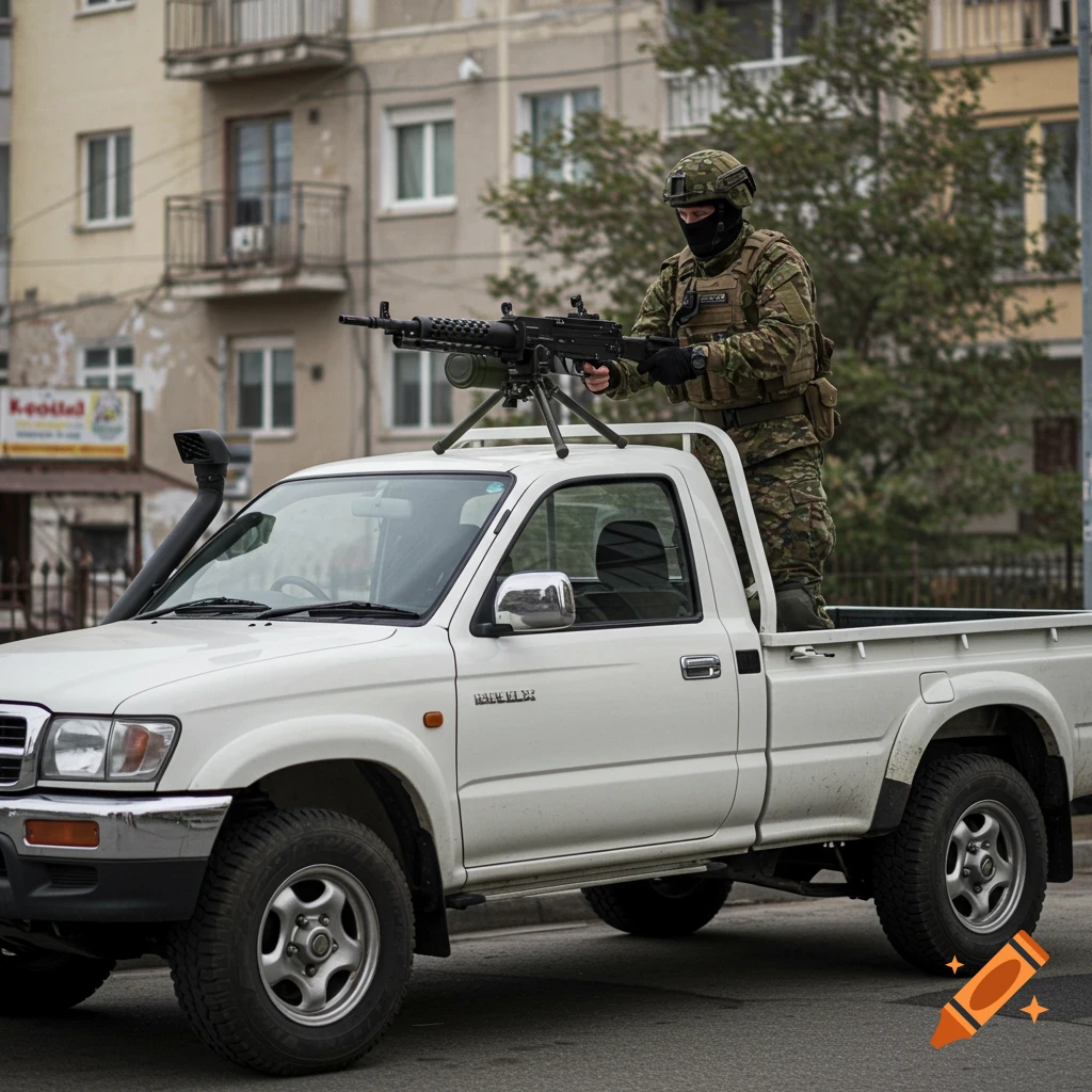 A soldier in camouflage and balaclava stands in the bed of a white pickup truck with a machine gun, in an urban setting.
