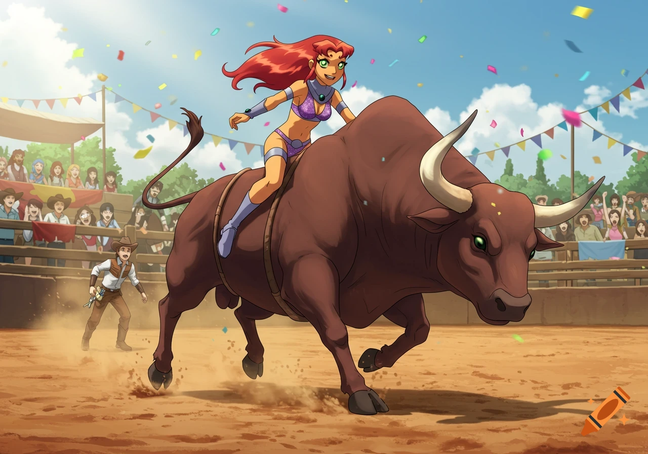 Starfire in a bikini rides a bull in an anime style rodeo arena with a cheering crowd and falling confetti.