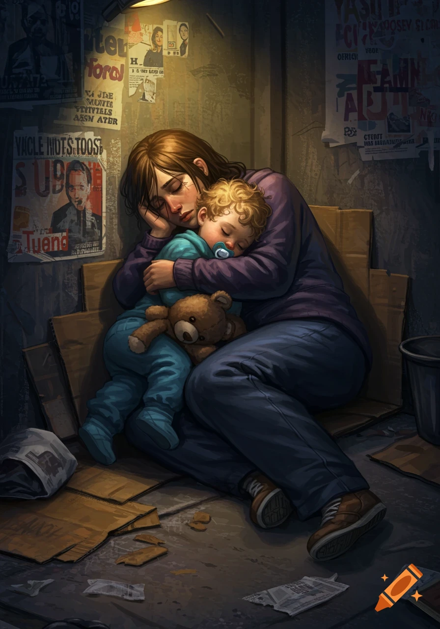 An exhausted mother and her toddler child, clutching a teddy bear, sleep huddled together on cardboard boxes on a dark, dirty floor.
