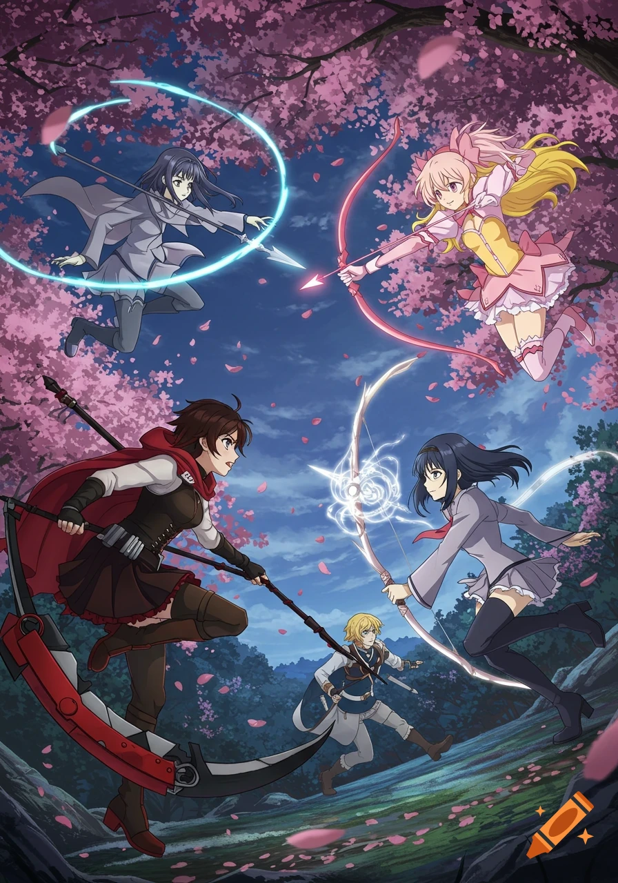 Anime-style illustration of female characters from RWBY and Madoka Magica battling under cherry blossom trees at night.