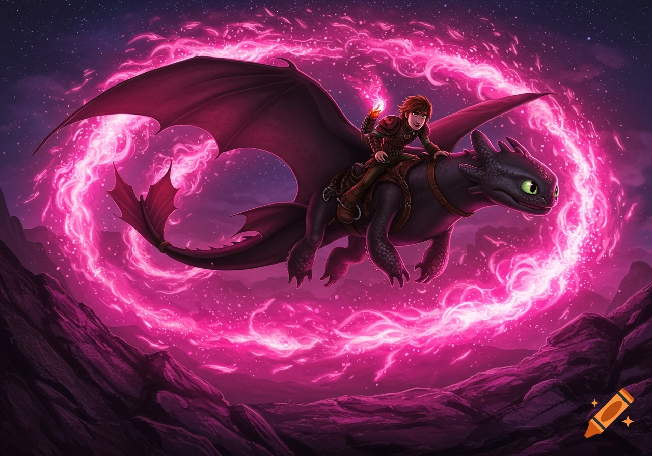 Hiccup rides Toothless, who is surrounded by swirling pink energy, flying above purple mountains under a starry night sky.