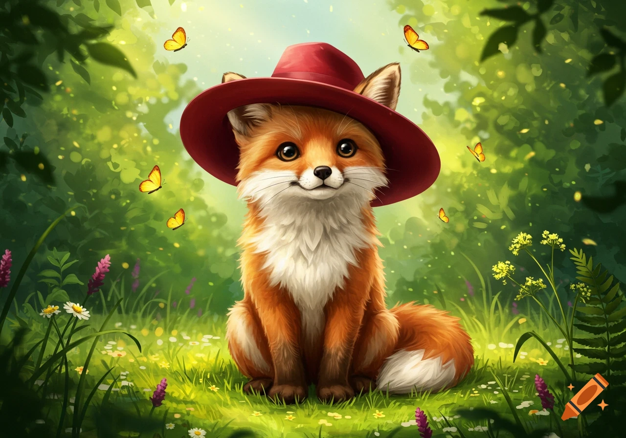 A cute cartoon fox wearing a red hat sits in a vibrant green forest clearing with butterflies.