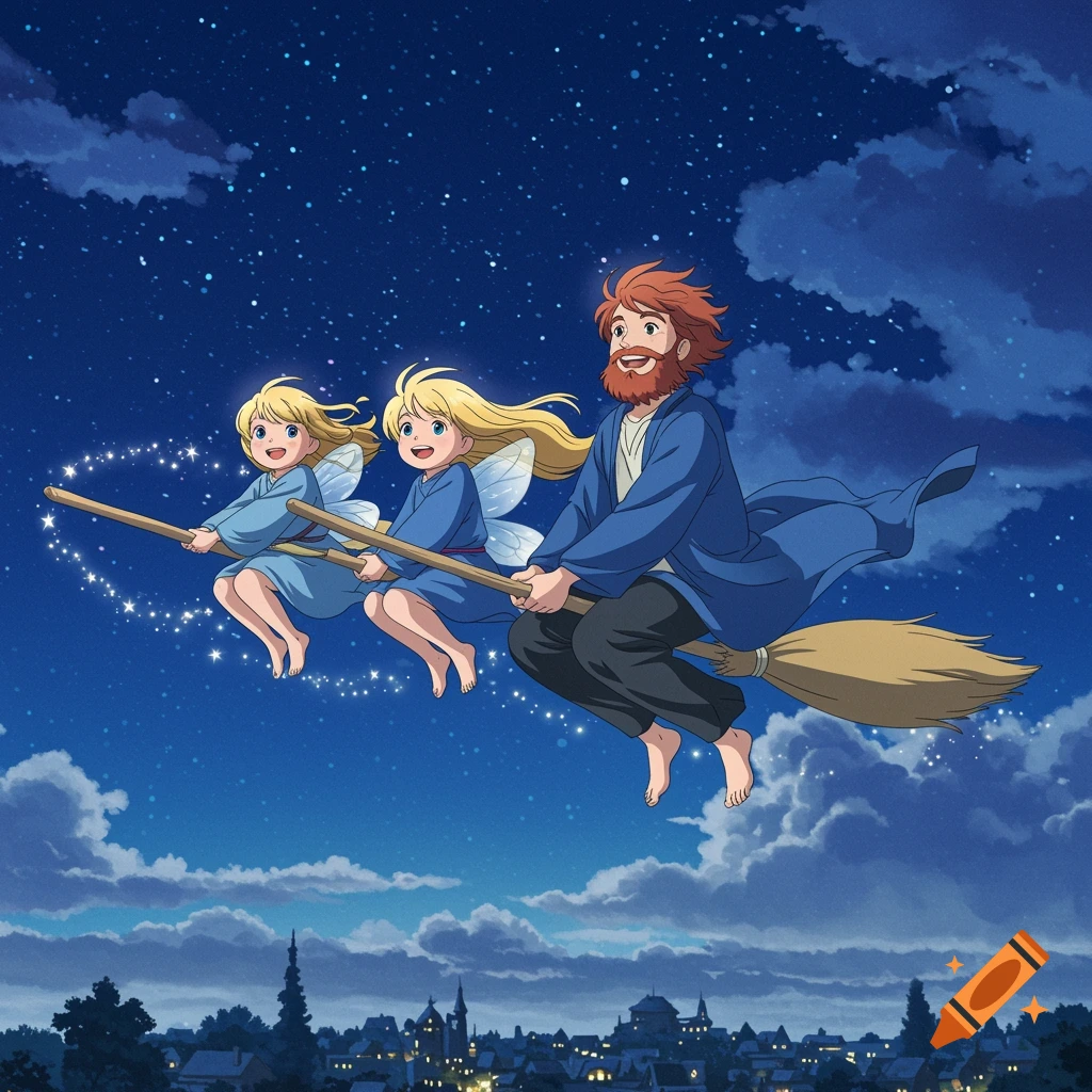 An anime man with a ginger beard flies on a broomstick with two blonde fairy girls through a starry night sky above a town.