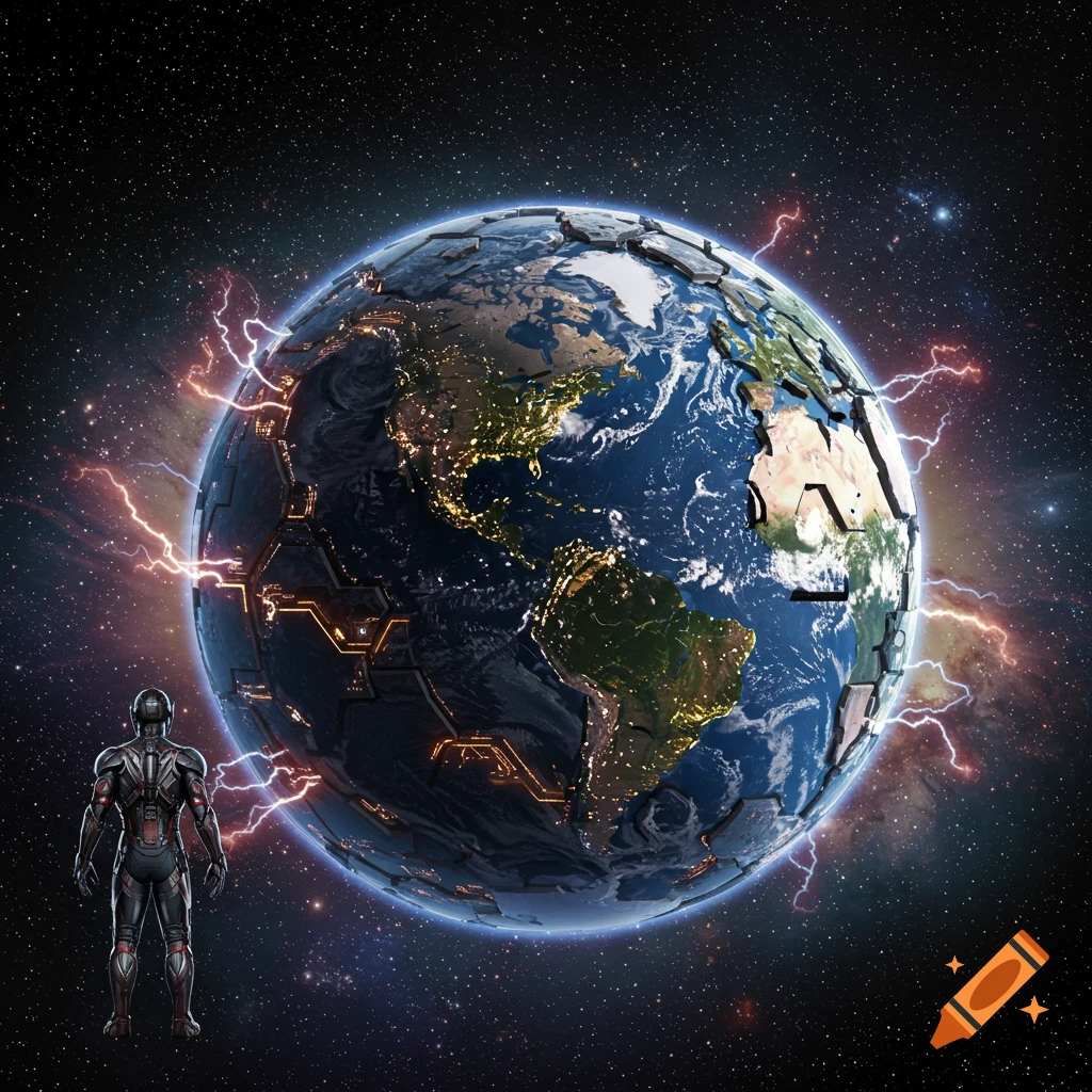 A robot in a black and red suit stands in space, looking at a large, armored Earth surrounded by lightning.