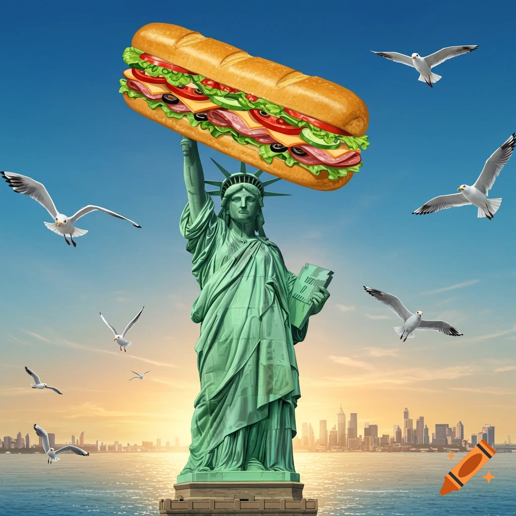 Statue of Liberty holding a giant sub sandwich, with seagulls flying over a city skyline at sunset.