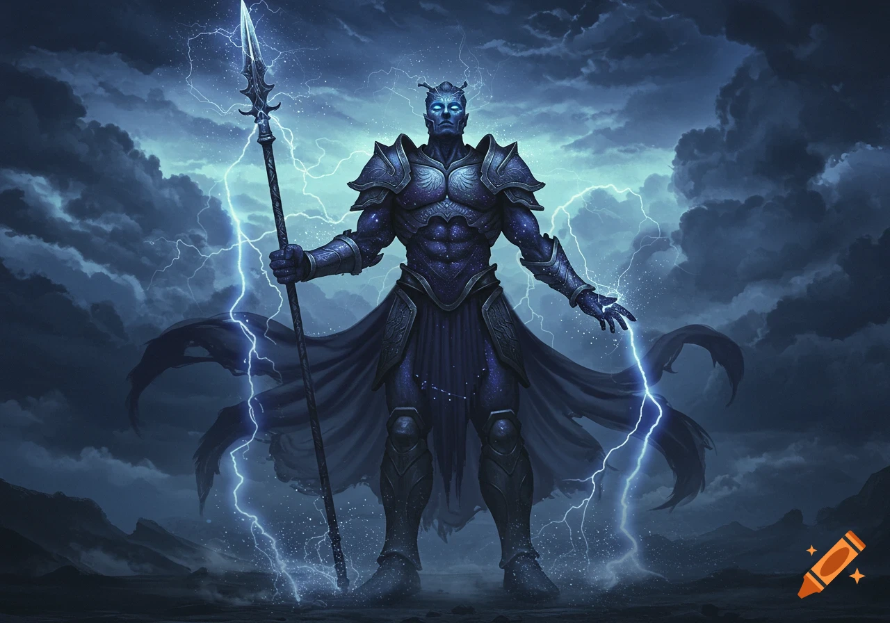 A powerful blue-skinned mythological figure in ornate armor holds a spear, surrounded by lightning and a stormy sky.