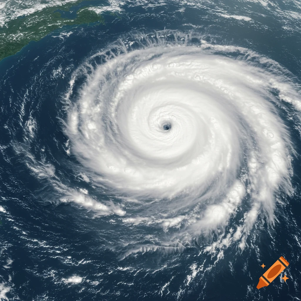 A high-altitude view of a large white hurricane swirling over a dark blue ocean, with a distinct eye in the center.