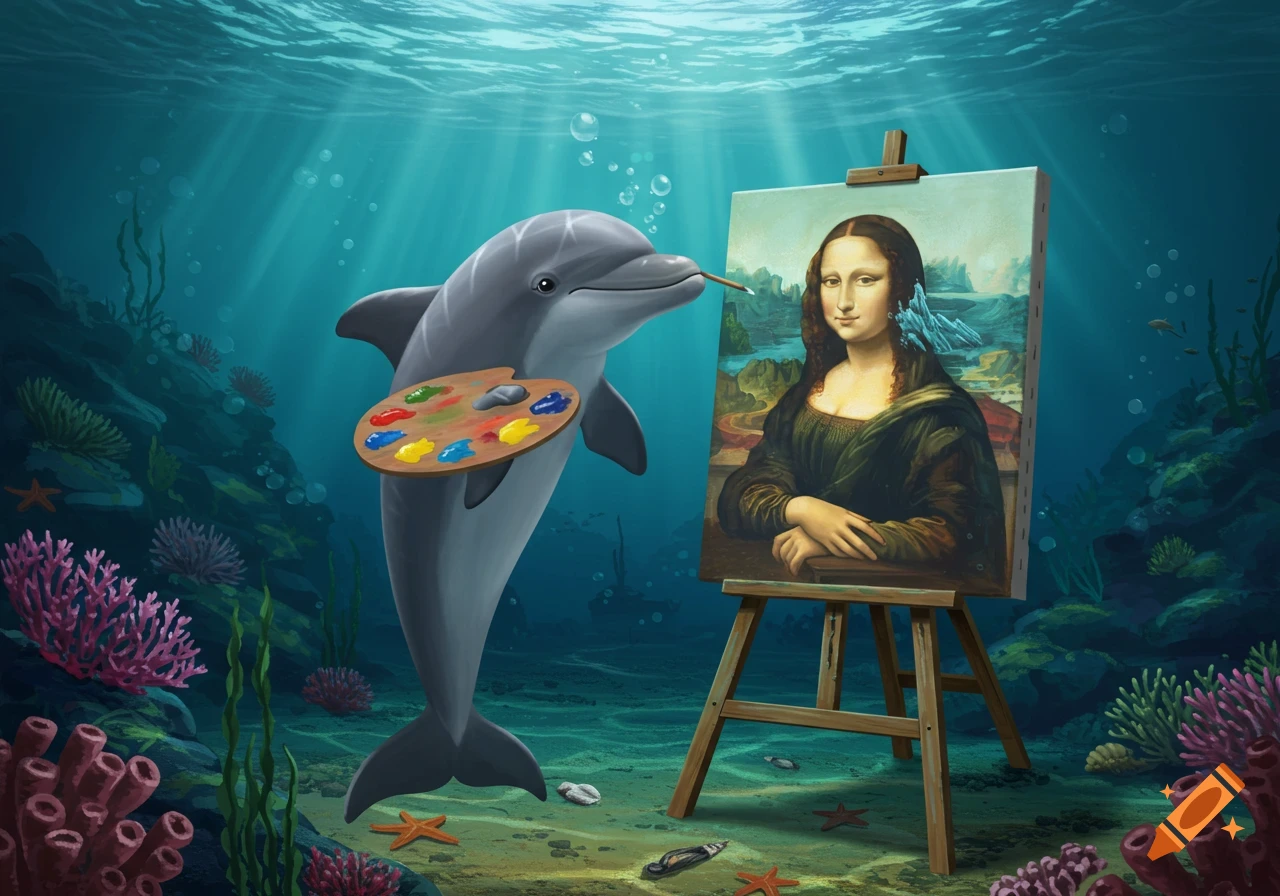 A dolphin holding a paint palette paints a sea-themed Mona Lisa on an easel underwater, surrounded by coral and marine life.