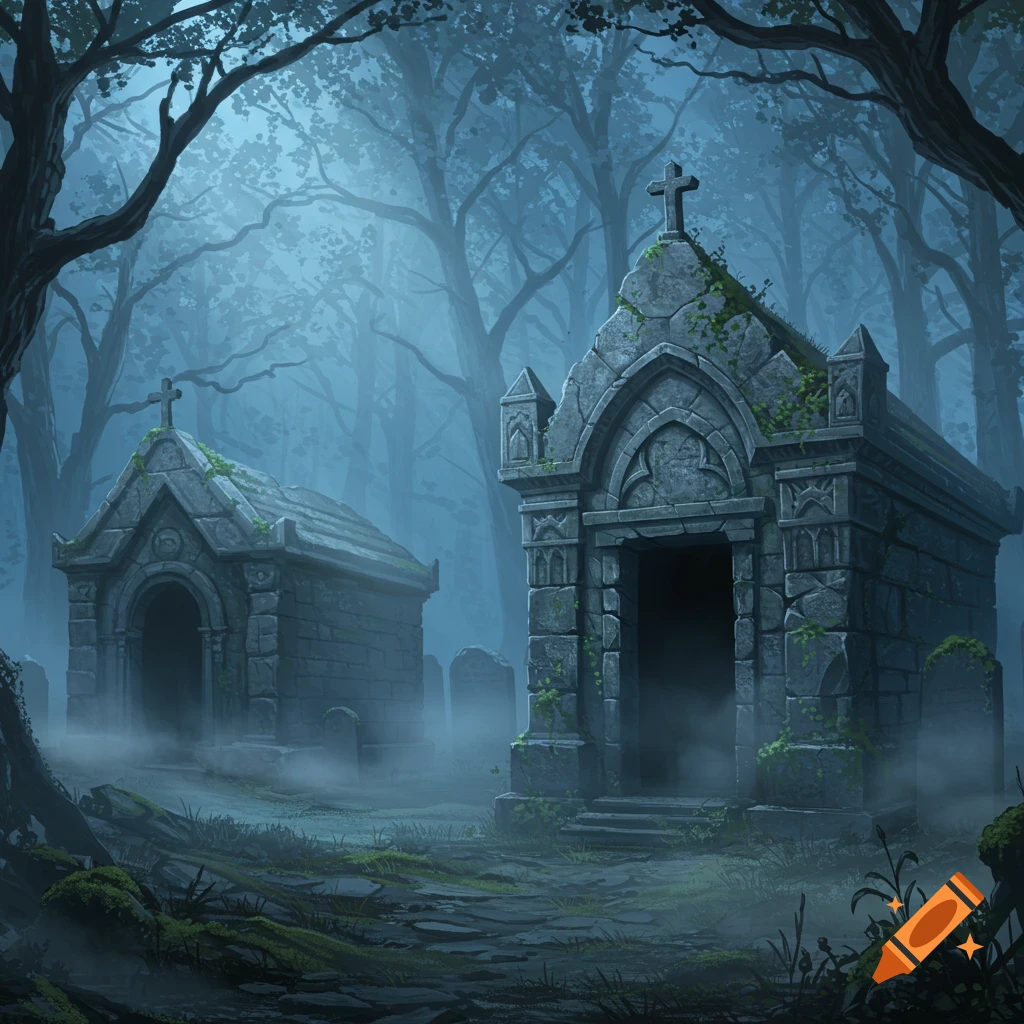 Two stone crypts stand in a misty, dark forest with mossy ground and bare trees, in a gothic style.