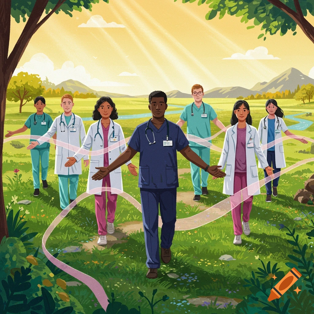 Illustration of diverse healthcare professionals walking through a sunny green field with a winding path.