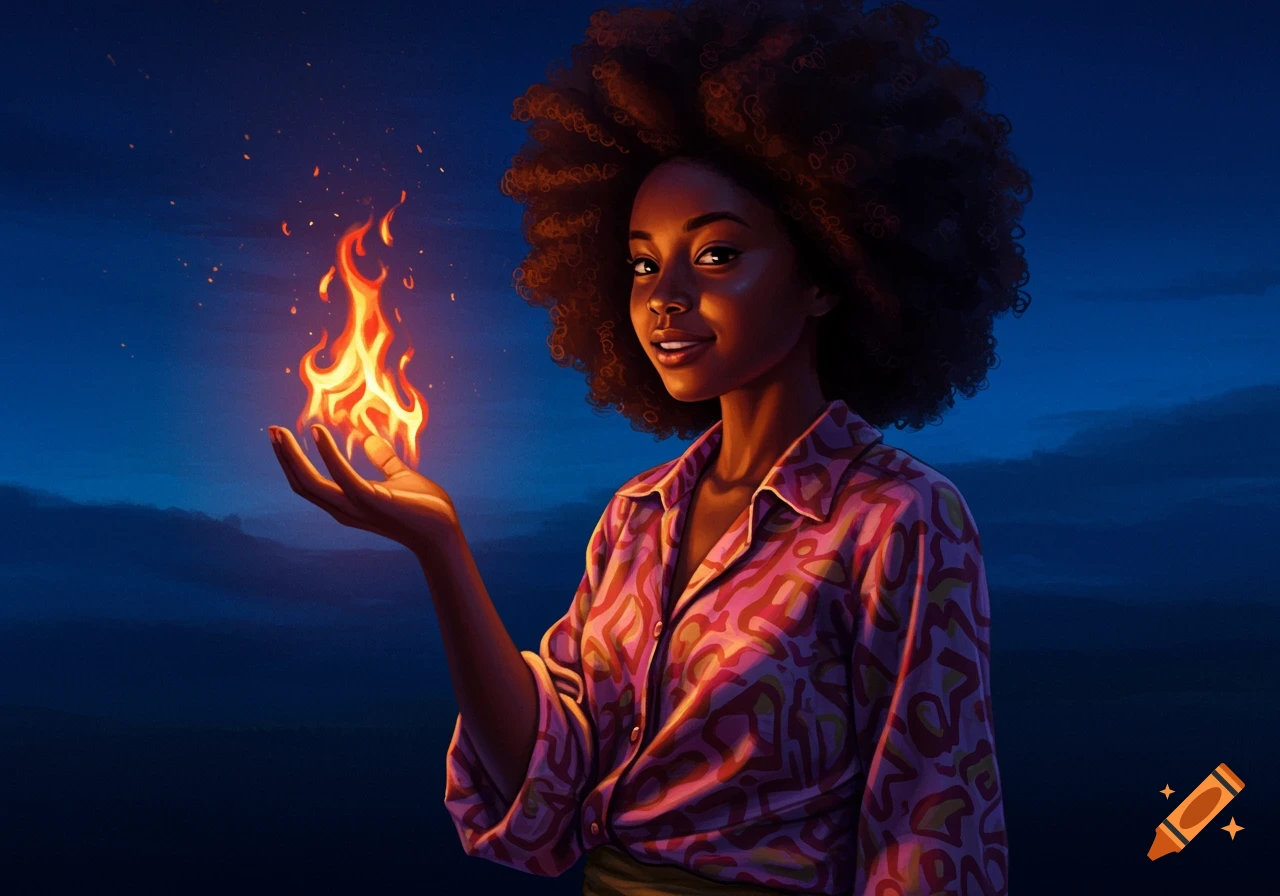 Illustrated portrait of a black girl with an afro holding a vibrant fire in her hand at night.
