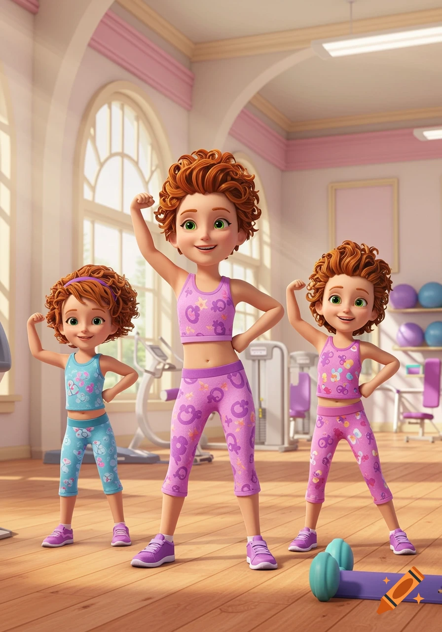 Three animated girls and a woman, with curly red hair, flexing muscles in a pastel-colored gym.
