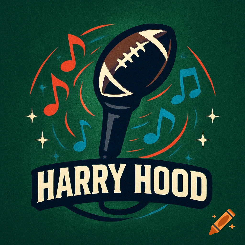 Logo featuring a microphone with a football head, musical notes, and the text 'HARRY HOOD' on a dark green textured background.
