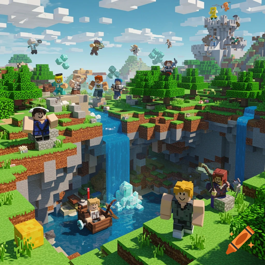 A vibrant blocky landscape with floating islands, waterfalls, trees, a castle, and numerous Roblox-style characters.