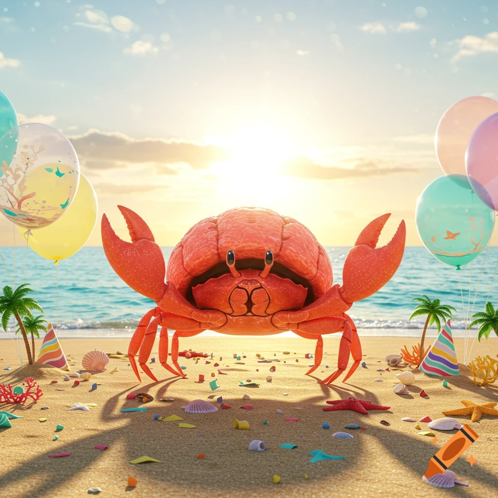 A vibrant 3D render of a cute red cartoon crab on a sunny beach with colorful confetti, seashells, palm trees, and party balloons.