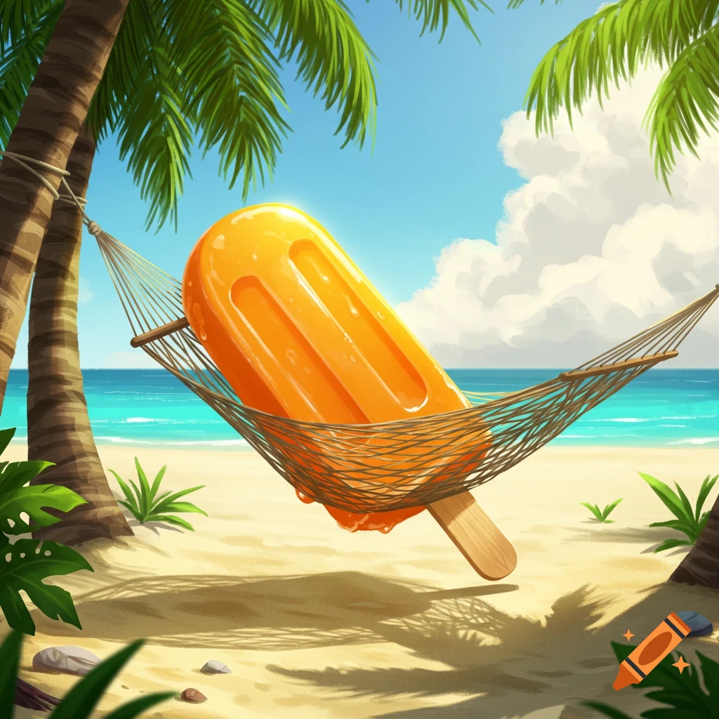 An orange popsicle rests in a hammock on a sunny beach with palm trees and ocean, in an illustrative style.