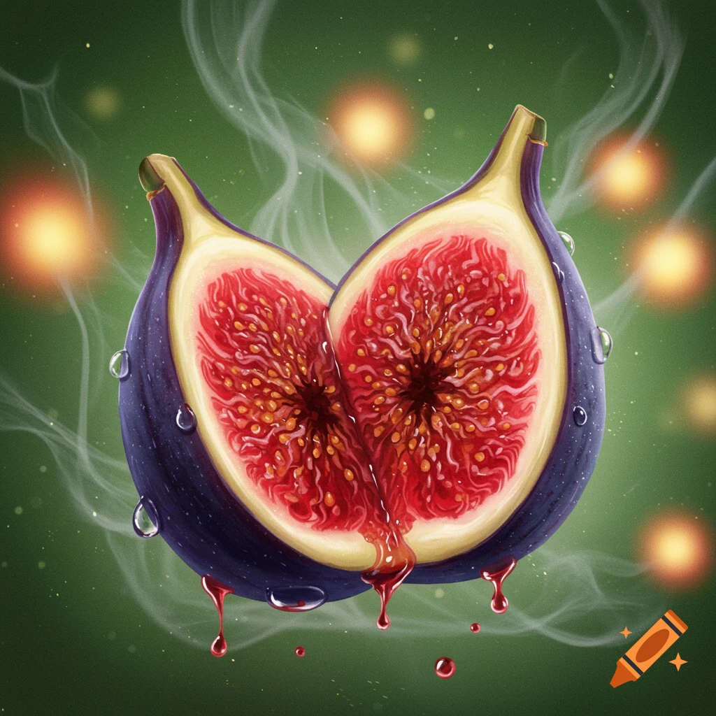 A vibrant digital painting of two halves of a fig, cut open to reveal red, juicy flesh and tiny seeds, with water droplets and red liquid dripping, against a smoky green background with glowing lights.