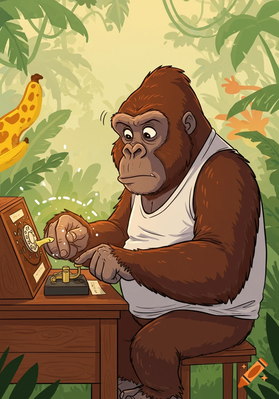 A caricature cartoon gorilla wearing a white tank top sits at a wooden desk, focused on sending morse code on a telegraph key in a jungle.