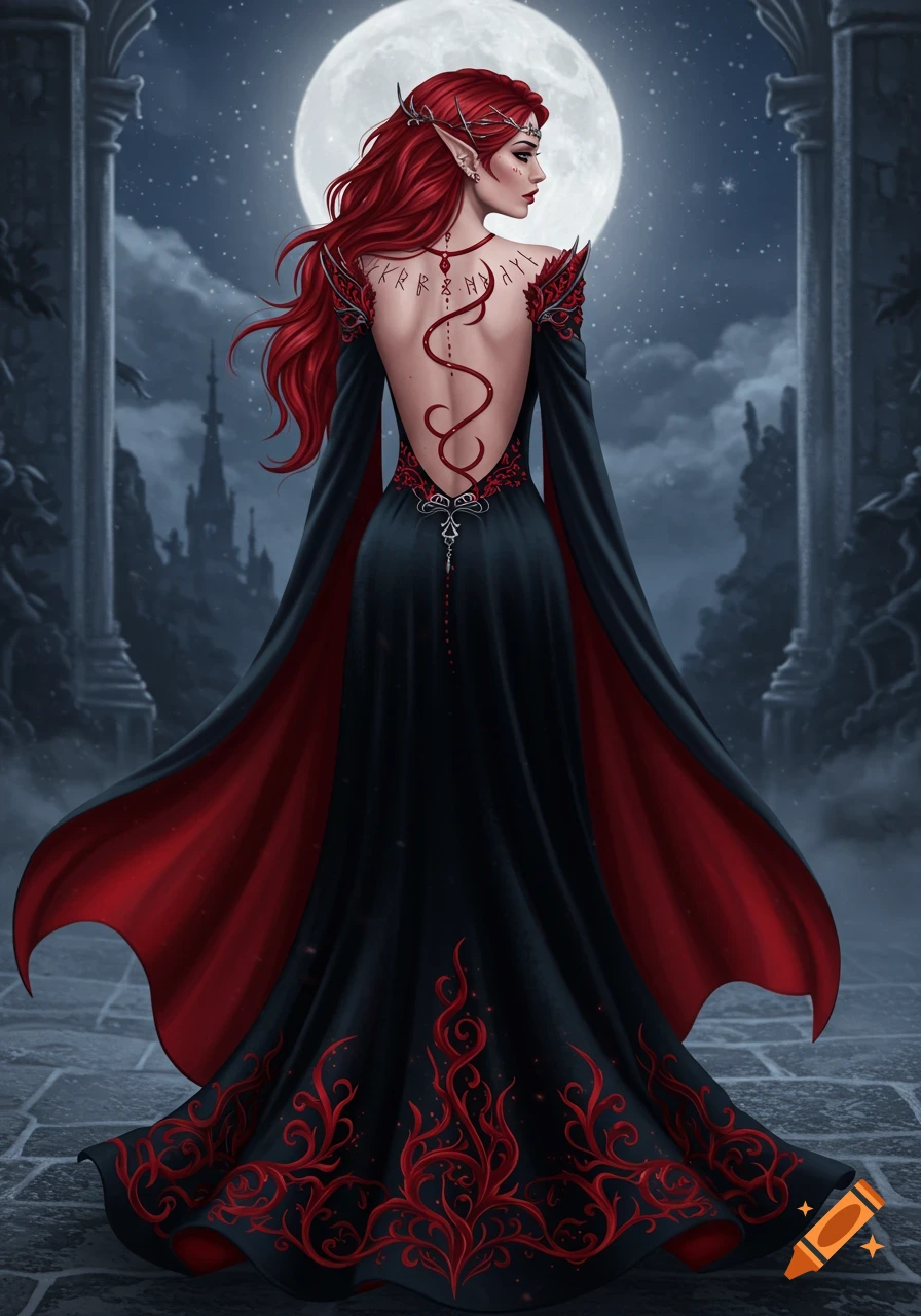 A red-haired elf in a flowing black and red gothic gown stands with her back to the viewer under a full moon, revealing decorative runes on her spine.