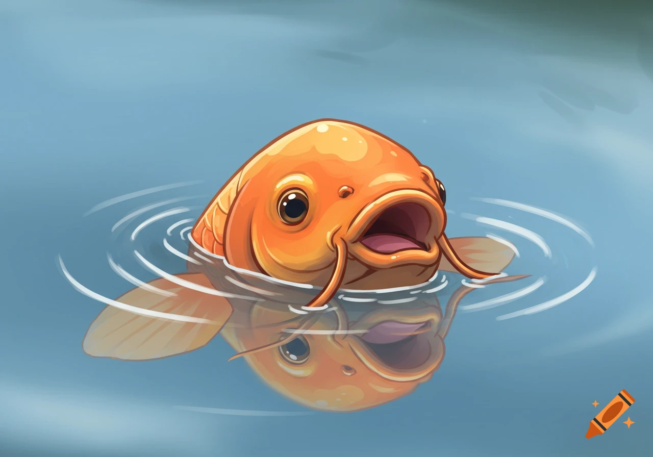 A cute, orange animated koi fish with its mouth open, its head and whiskers emerging from blue water with ripples.