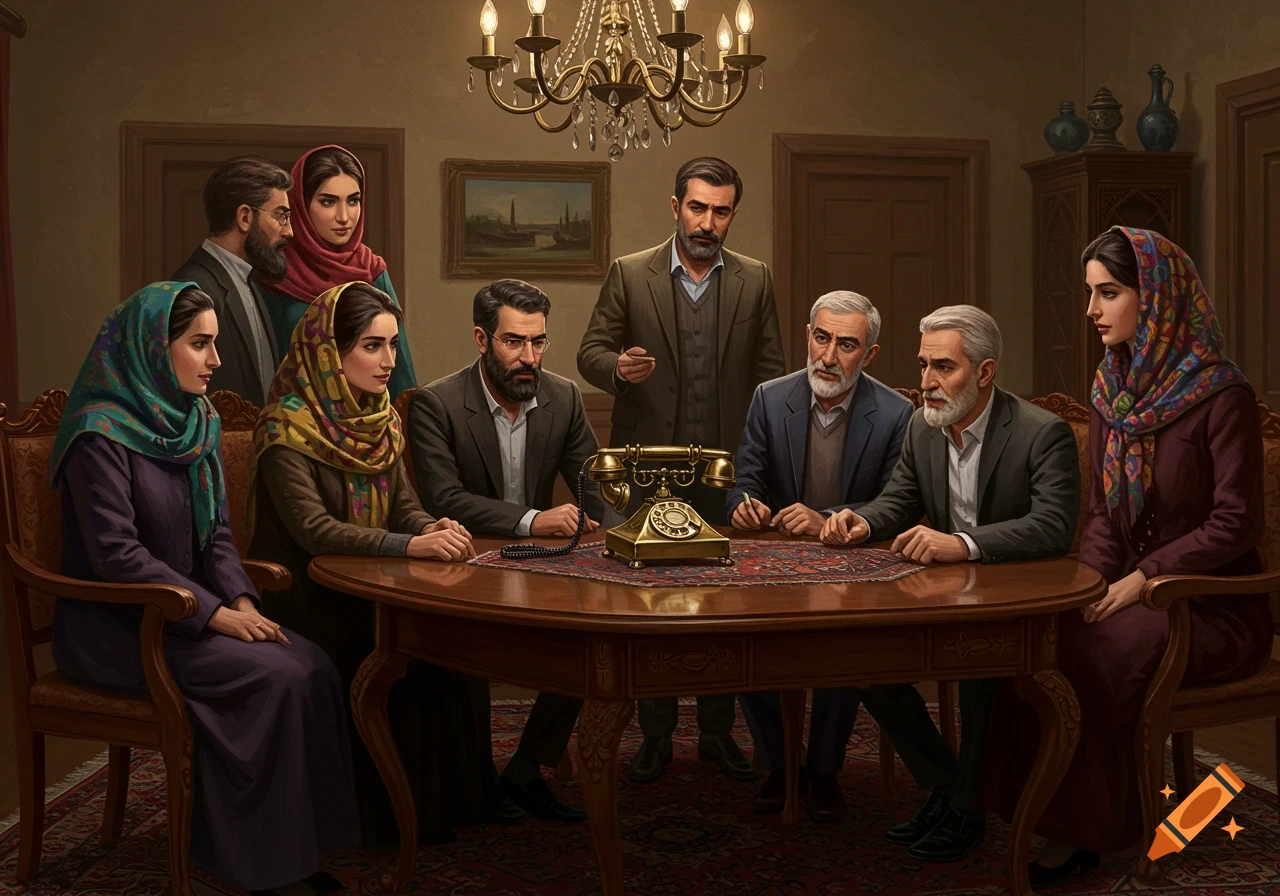 Several Iranian men and women gathered around a table with an old-fashioned telephone in a formal room.