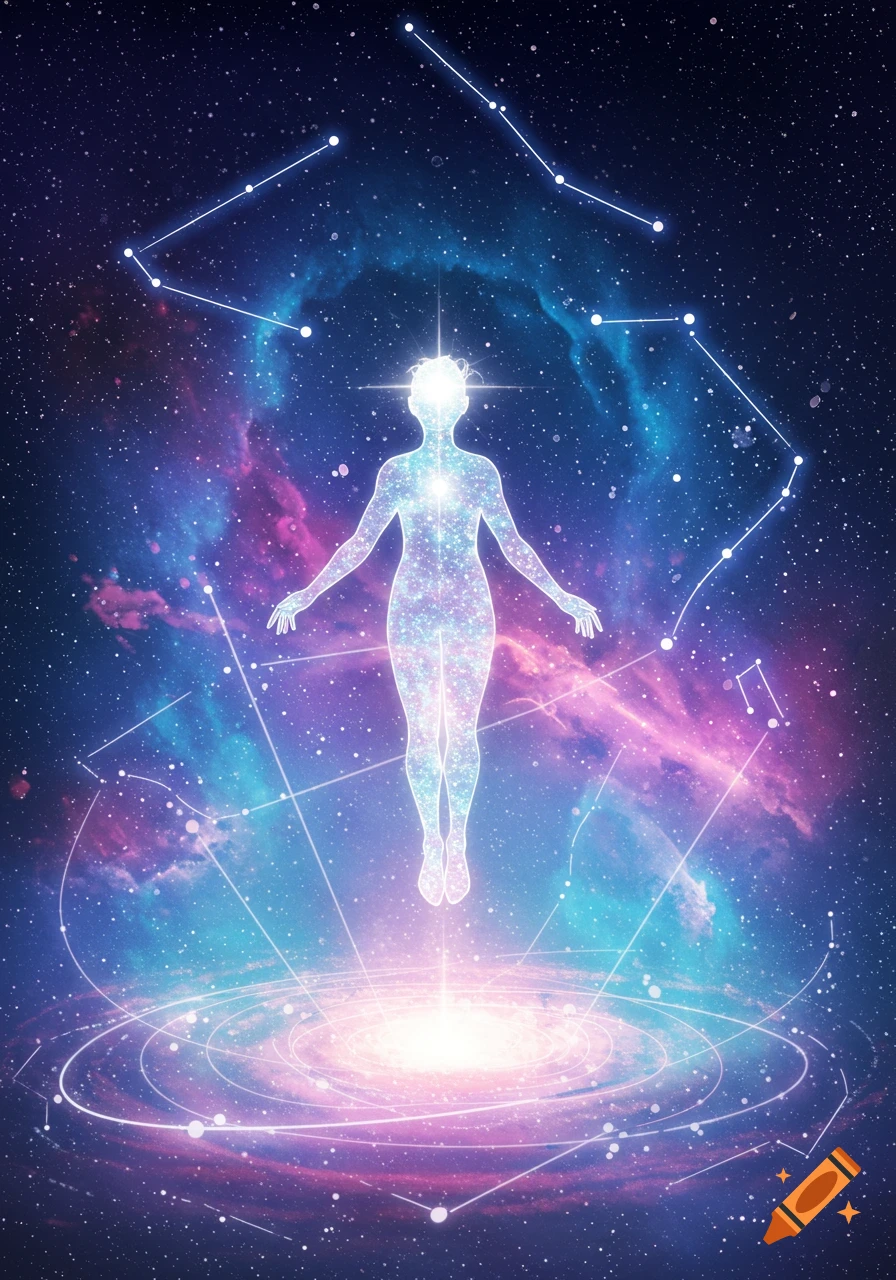 A glowing, ethereal silhouette of a human figure floats in a vibrant purple and blue galaxy with stars and constellations.