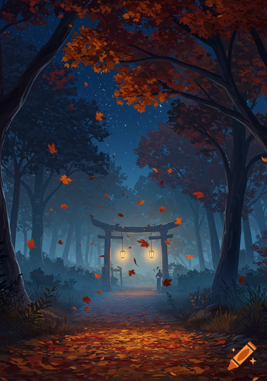 A stylized autumn forest at night with orange leaves falling. A path leads to a lit torii gate and glowing lanterns under a starry sky.