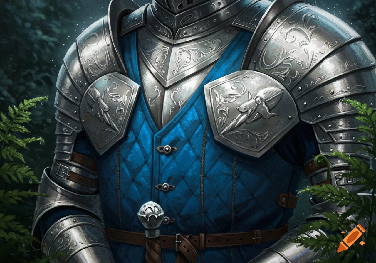 Detailed close-up of a knight's silver armor with a blue quilted vest in a forest.